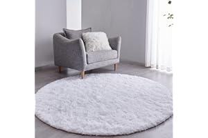 FJZFING White Round Rug Ultra-Soft Plush Modern 5x5 Circle Area Rug for Kid's Bedroom, Fluffy Shag Circular Rug for Nursery Room, Non-Slip Home Decor Cute White Carpet for Teen's Room