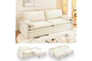 UPYOOE 81.1'' Futon Sofa Bed King Size, Pull Out Sleeper Couch with USB/Type-C, Storage, Adjustable Backrest, 3-in-1 Convertible Chenille Modern Couches for Living Room, Small Spaces, Apartment, Beige