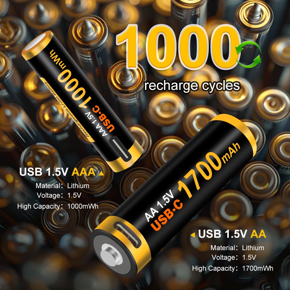 Rechargeable AA and AAA Lithium Batteries with USB-C Fast Charging 1000+ Cycles, 8pcs Combo Batteries Rechargeable Double A and Triple A 1.5V for Cameras