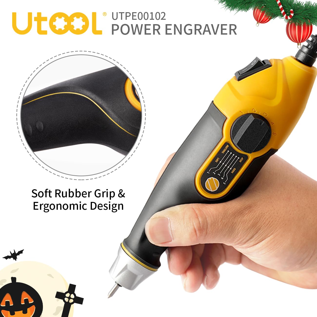 UTOOL Engraving Pen with Letter/Number Stencil, 24 W Handheld Etching Tool for Wood, Metal, Glass, Engraving with 4 Interchangeable Tungsten Carbide Steel Bits Includes Halloween Stencil Christmas