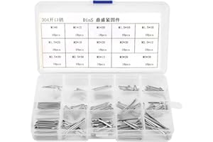 304 Stainless Steel Cotter Pins Assortment Kit - 150PCS 15 Sizes Split Pins M1 M2 M3 High Hardness Fasteners for Automotive M
