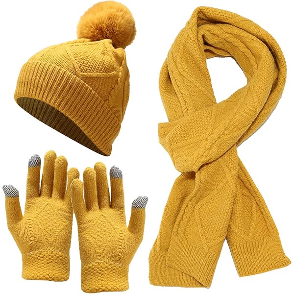 ☃️ Yellow Silver Accents Knit Hat Scarf Gloves 3pc Winter Cold Weather Set NWT AWZXDE Winter Solid Color Hat Scarf Gloves Warm Three-Piece  main image 4