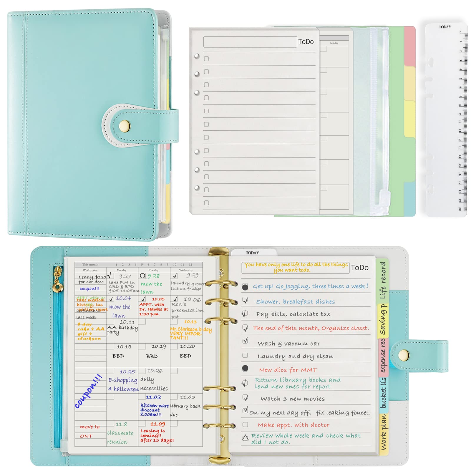 Harphia A5 Planner & Appointment Diary Kit with To-Do List Monthly Plan Refill Inserts, Cash Pocket, Divider Set, and Separator Ruler, Undated Weekly/Monthly Plan 9.25x7.28”