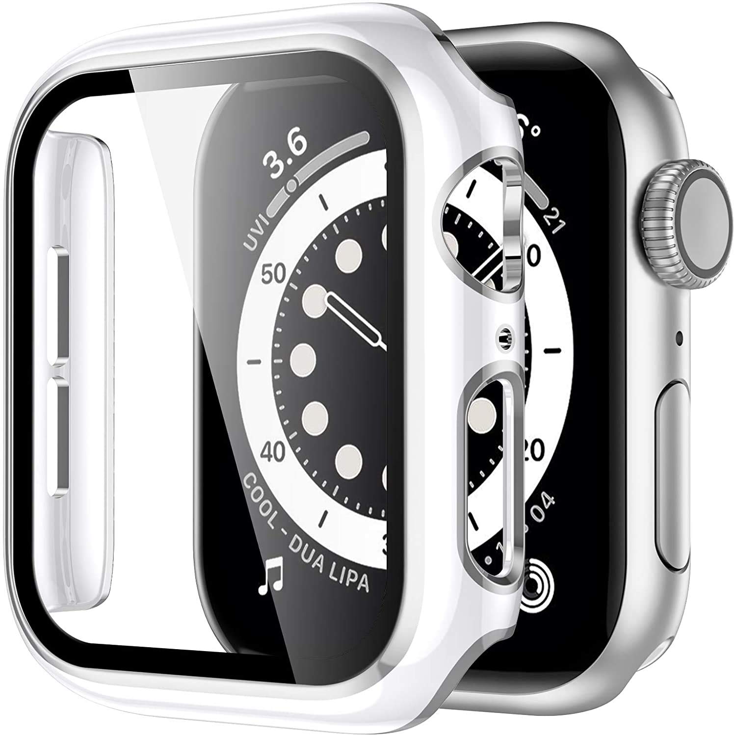 Miimall Compatible with Apple Watch Series 6/5/4/SE 44mm Case with Tempered Glass Screen Protector, PC Plating Edge All-around Scratch-resistant Protective Case for iWatch 44mm (White and Silver)