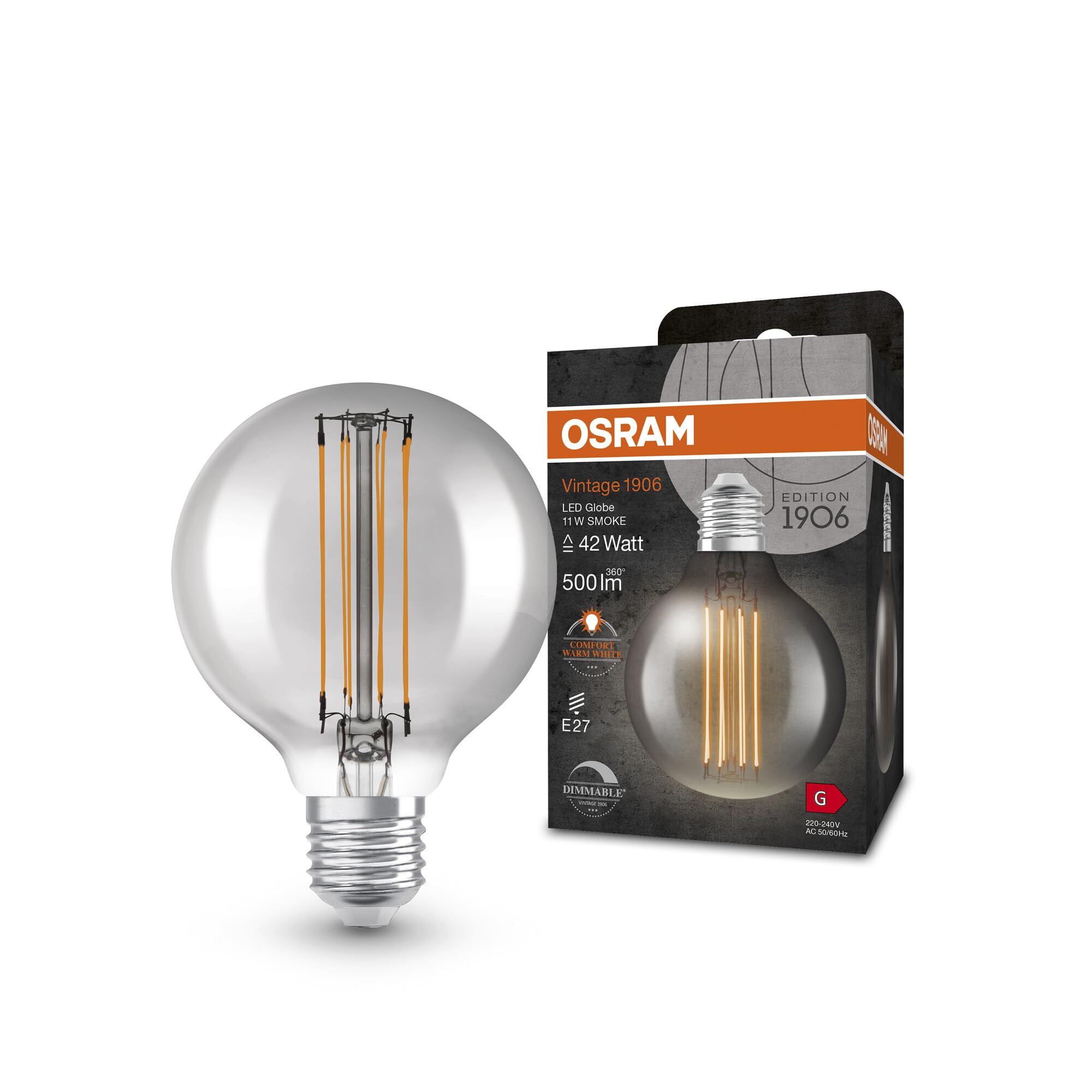 OSRAM Dimmable Led Lamps, Vintage Edition, 42 Watts Replacement, E27, G80, 1800 Kelvin, Warm Comfort Light, Clear Glass, Single Pack