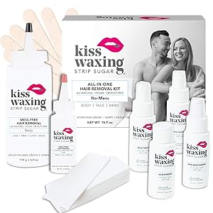 Kiss Waxing Strip Sugar All-In-One At-Home Mess-Free Hair Removal Kit. Natural Sugaring Paste for Sensitive Skin, Face, Brows, Body, Legs and Bikini. Vegan. Gluten-Free. Women + Men