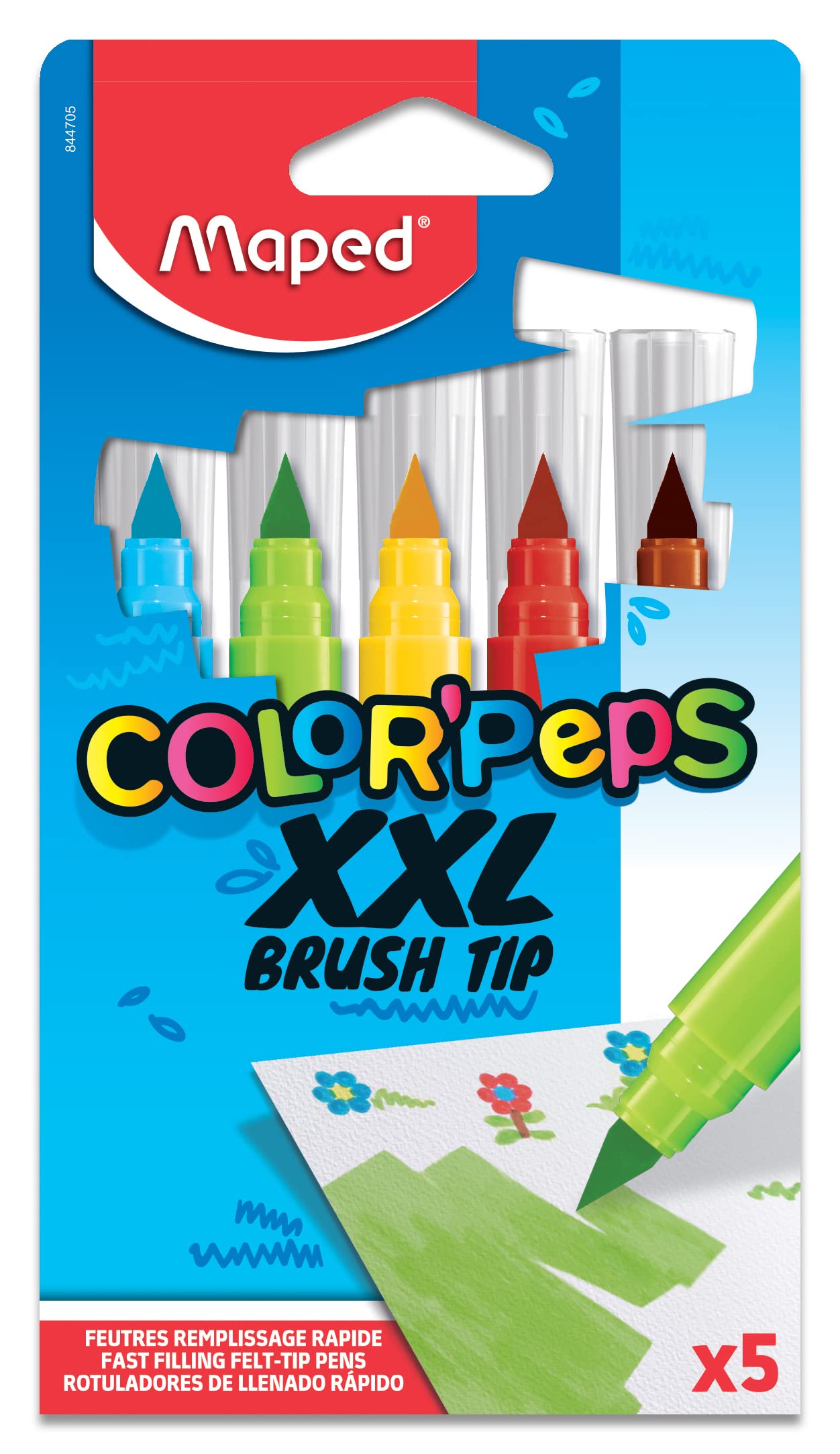Maped Color Peps XXL Brush Colouring Felt Tip Pens (Pack of 5), Assorted, 844705