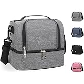 Yuanya Lunch Box For Men & Women, Double-layer Insulated Expandable Reusable Leakproof Cooler Bags for Adults, Lunch Bag with Adjustable Shoulder Strap for Office Picnic Hiking Beach (Grey)