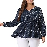 Agnes Orinda Plus Size Tops for Women Long Sleeve V Neck Peplum Top Ruffled Elastic Waist Blouses Valentine's Day