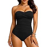 Yonique Womens Strapless One Piece Swimsuit Tummy Control Bandeau Bathing Suits Slimming Twist Front Swimwear