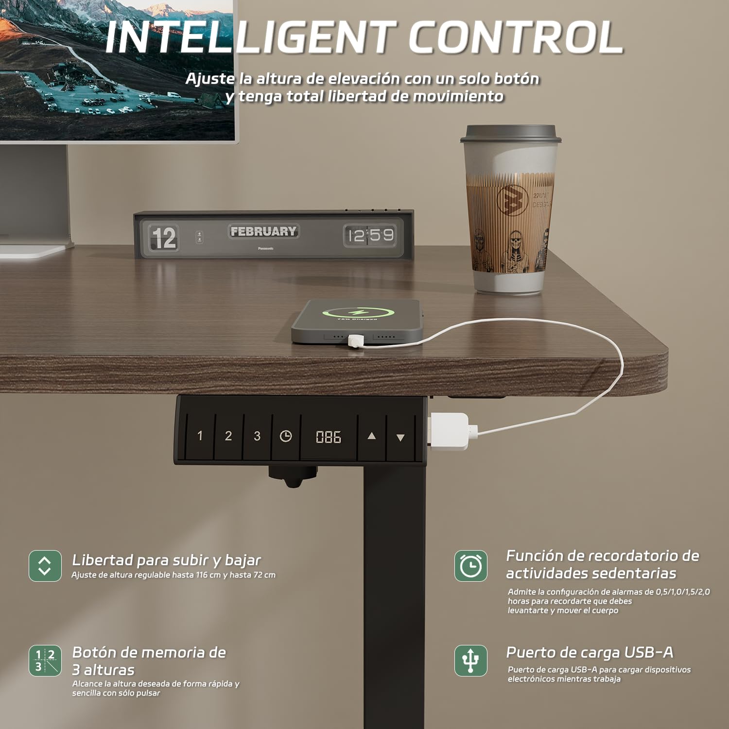 Airfish Höhenverstellbarer Schreibtisch 140x70 cm, Elektrisch Schreibtisch mit Kabelwanne, Computertisch mit USB-Buchse, Bürotisch, Stehpult mit Erinnerung an sitzende Tätigkeiten, Vintage-Braun 4