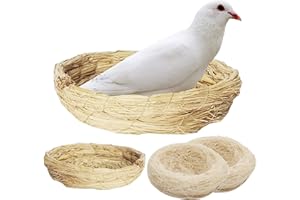 Fhiny Handmade Woven Bird Spawning Nest with Coconut Fiber Liner Flat Base Straw Bird Nest Bed Hatch Roosting for Dove Pigeon Parrot Turtle Quail Macaw Cuckoo Sparrow