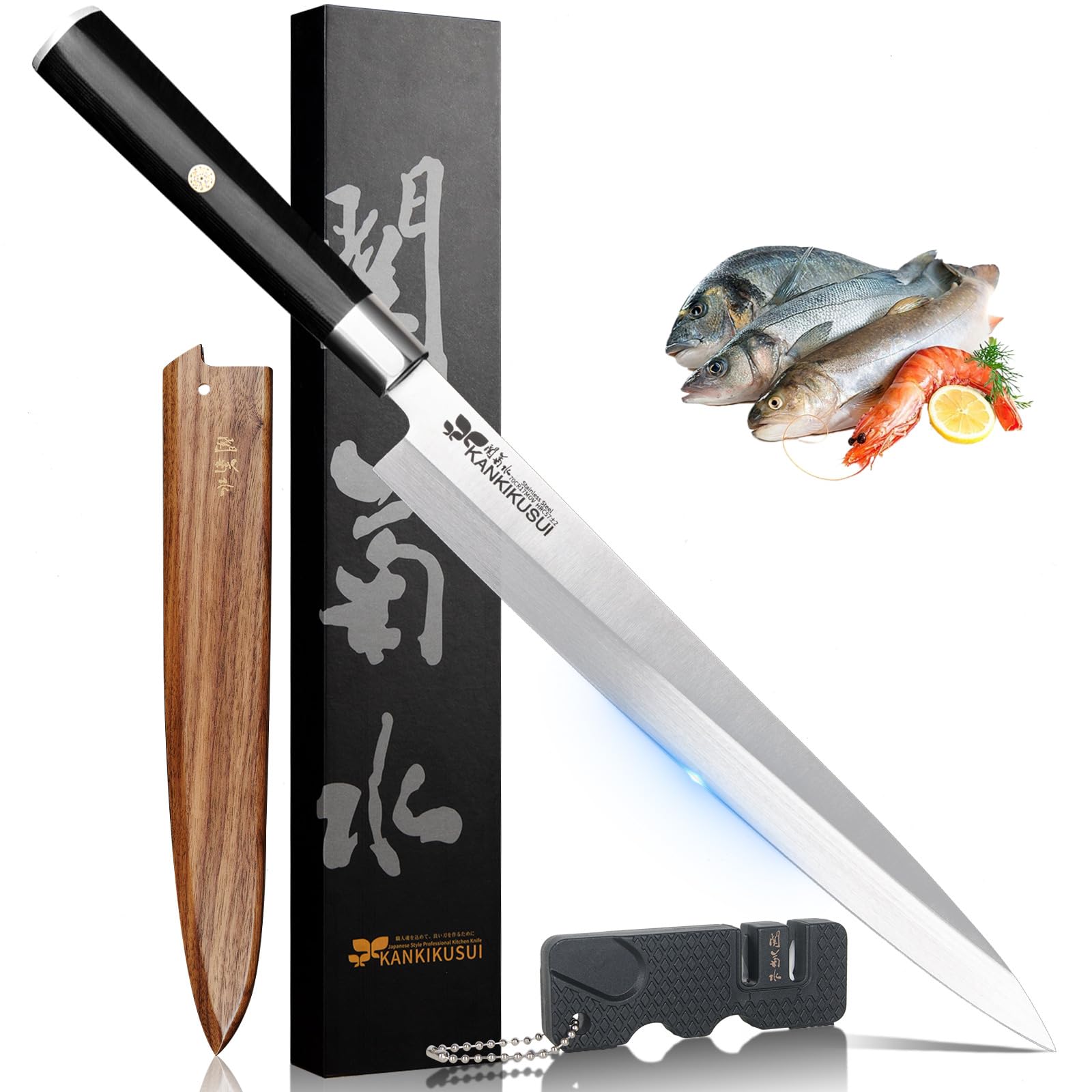 Photo 1 of KANKIKUSUI Extra Long 11" Sashimi Knife with Wooden Sheath, Sharpener/Gift Box, A Gorgeous Gift Choice, HC70cr17mov Yanagiba Knife