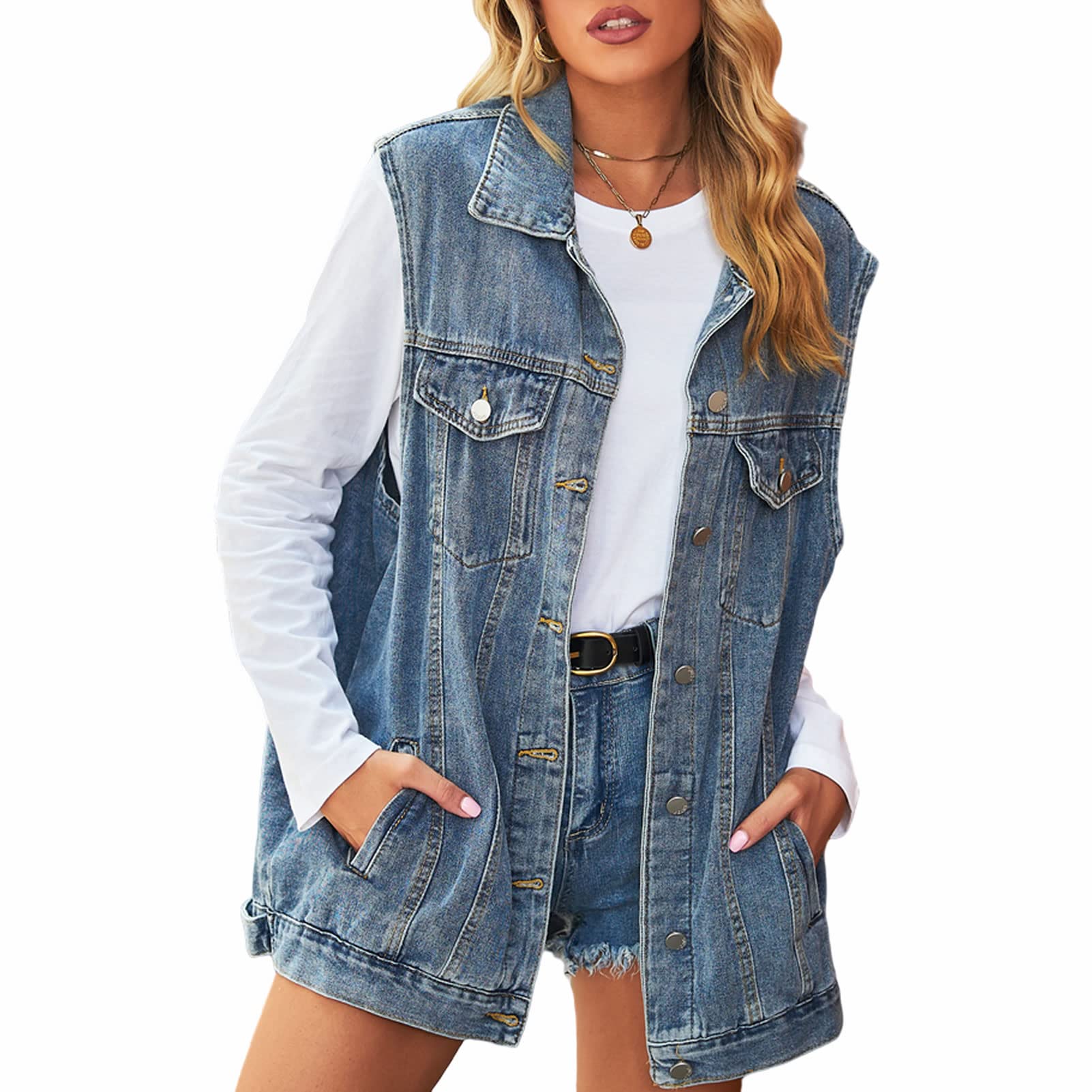 Anzber Women's Denim Vest Sleeveless Button Denim Jacket,Blue,3XL for — free download