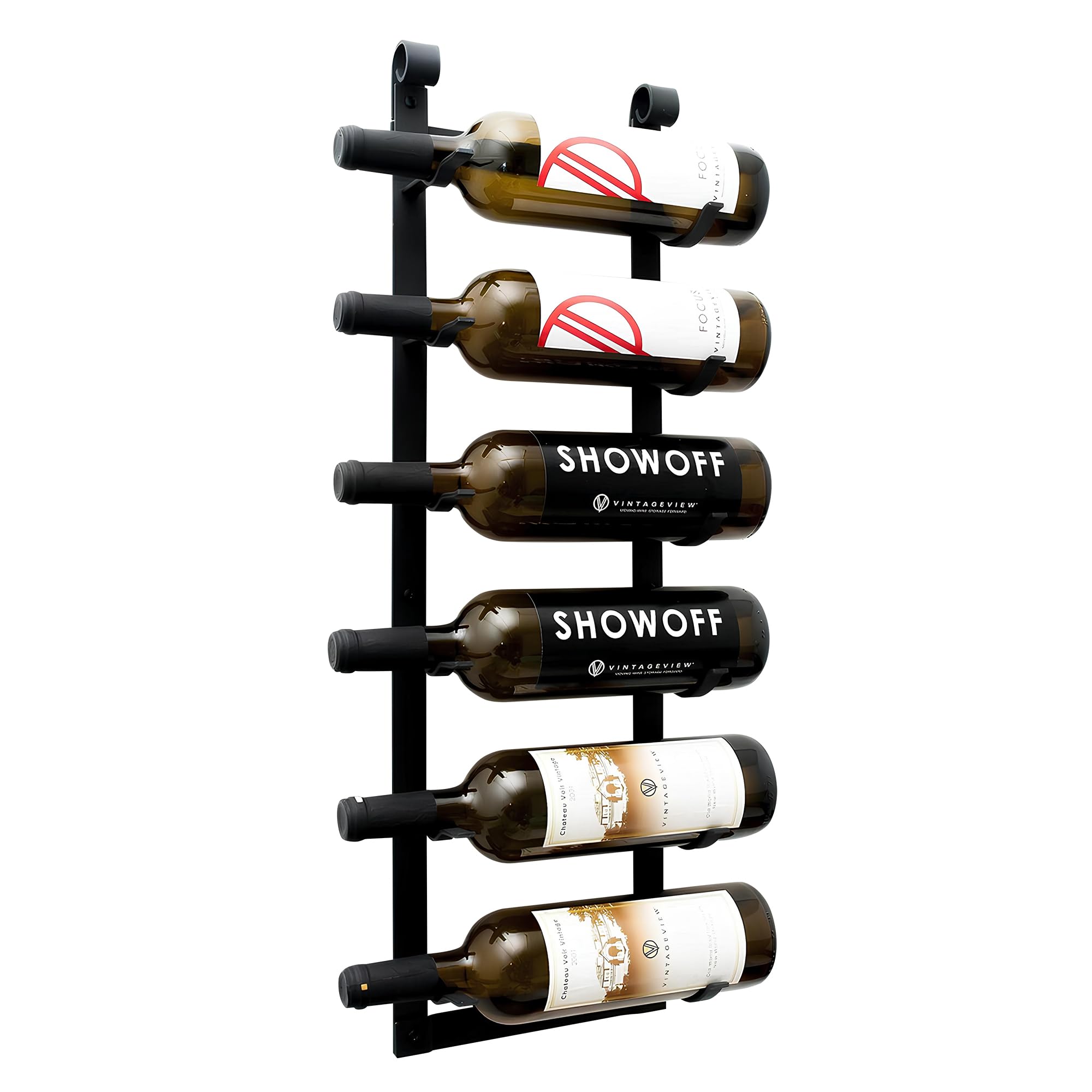 VintageView Le Rustique 6 Bottle Wall Mounted Wine Rack Stylish Modern Wine Storage with Label Forward Design (Matte Black, Set of 1)