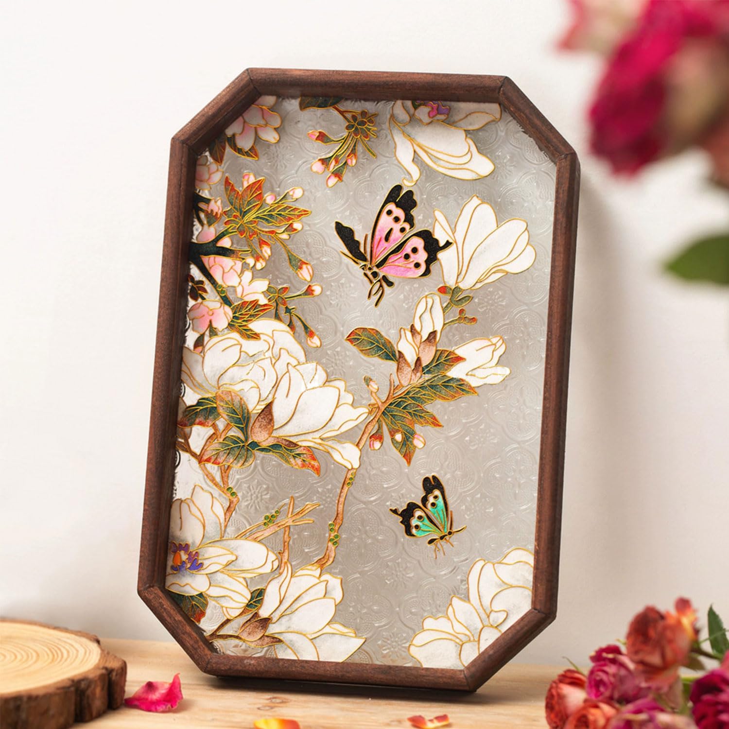 Cloisonne Enamel Painting DIY Kit for Adults Beginners, DIY Butterflies Flowers Pattern Filigree Enamel Glass Serving Tray, Home Decor, Chinese Intangible Cultural Heritage