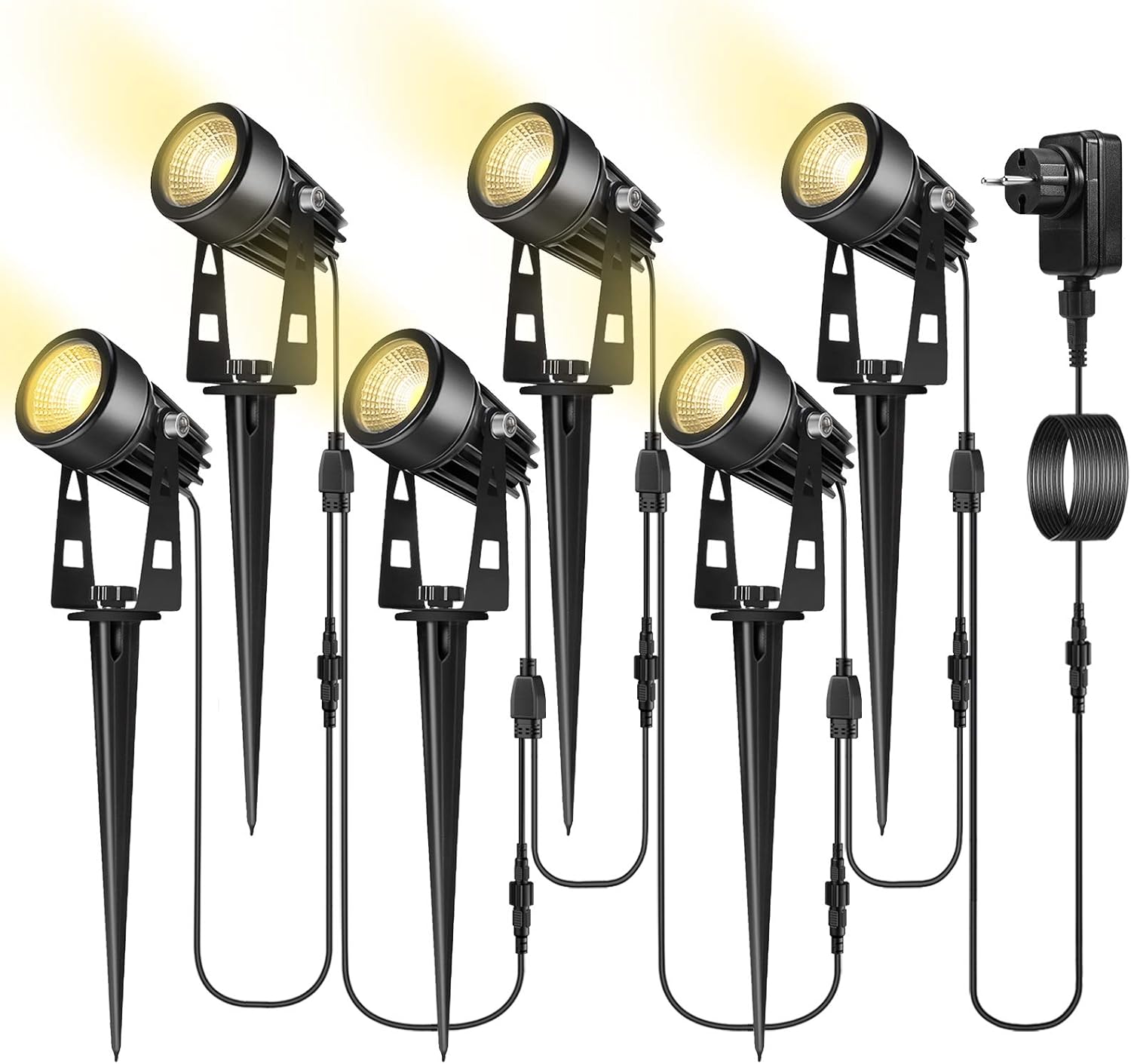 ECOWHO Gartenleuchte, 6 Stück 21m Gartenbeleuchtung Led mit Kabel, IP65 Wasserdichter Gartenstrahler mit Erdspieß, 2700K Warmweiß, Gartenlampe mit Stecker, Wegbeleuchtung Ideal für Garten,Bäume,Hecken