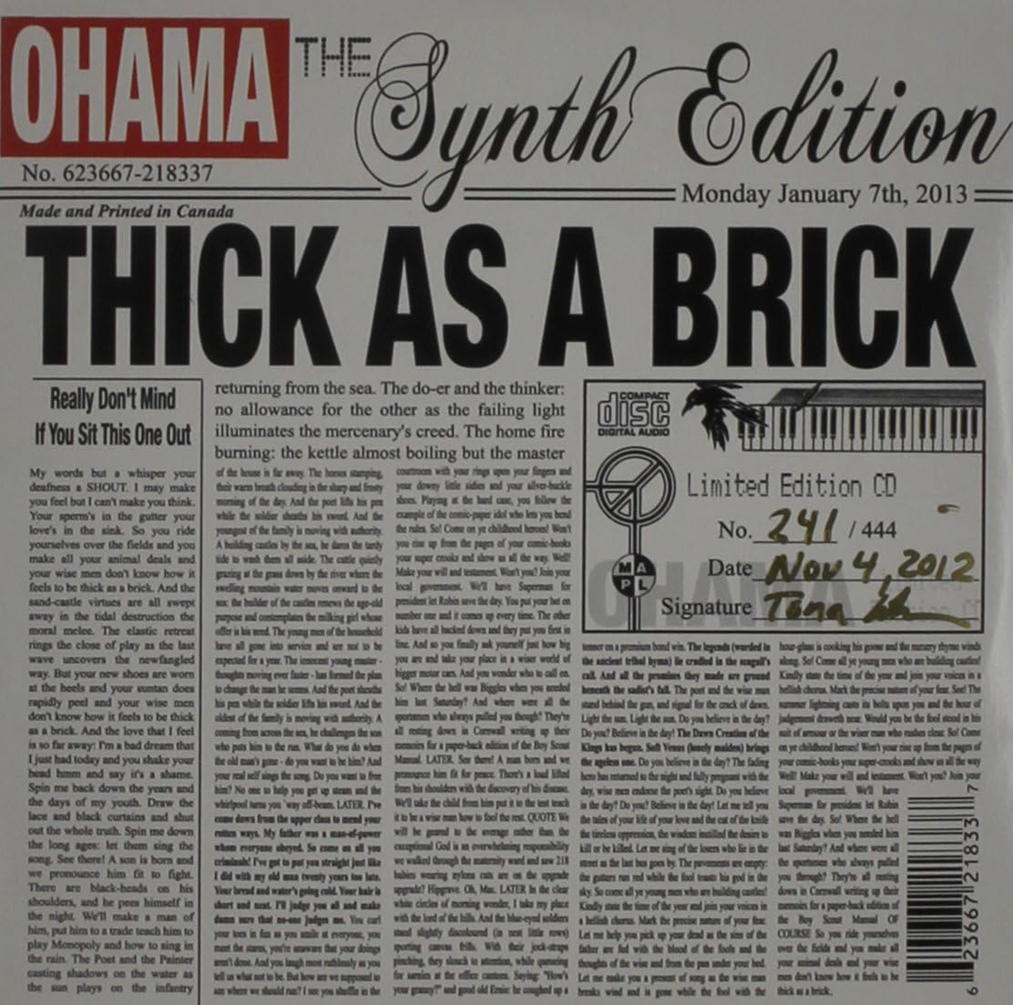 Thick As a Brick Synth Edition Amazon.co.uk CDs & Vinyl