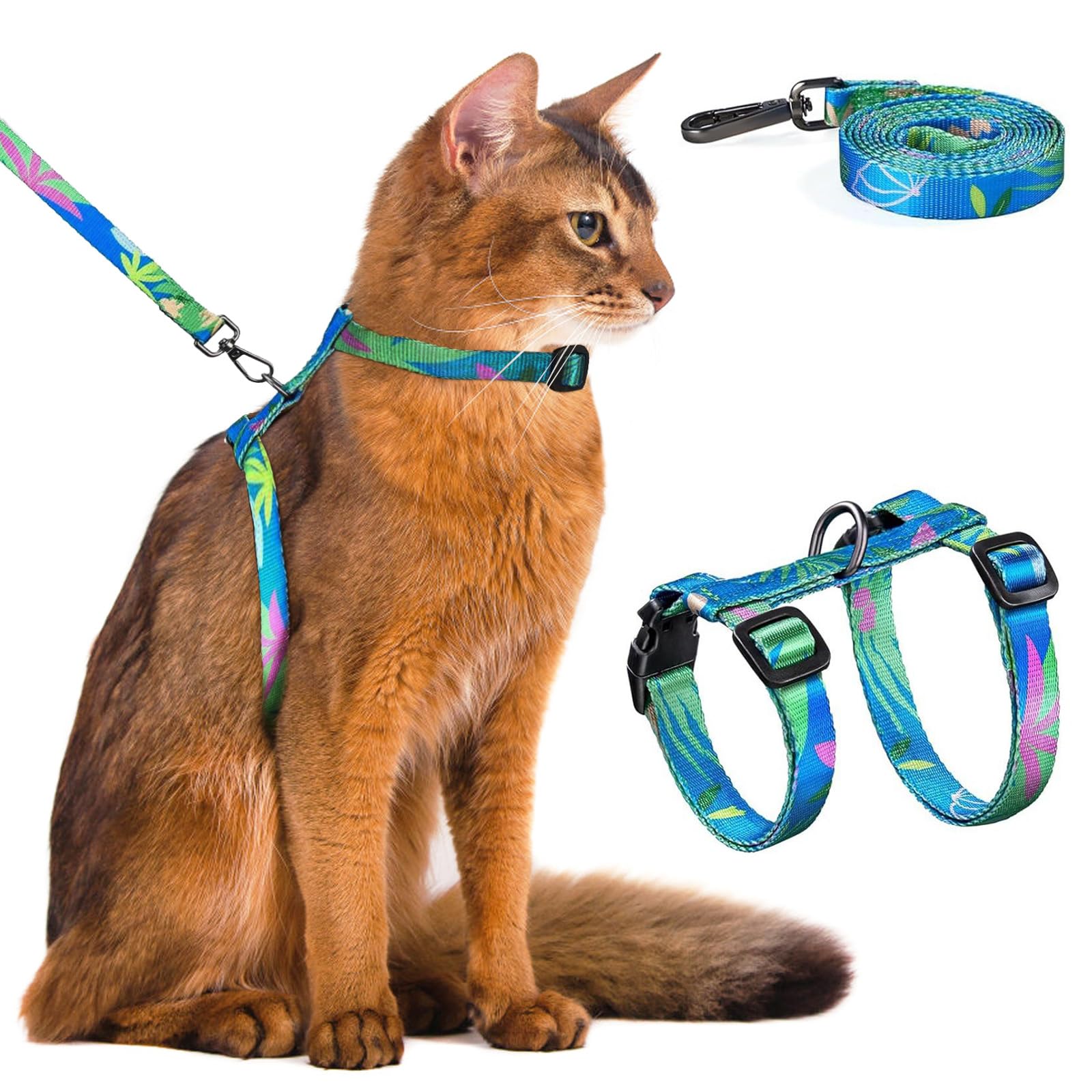 Photo 1 of Cat Harness and Leash Set - Escape Proof Adjustable Cat Harness, Comfortable Soft Lightweight, Use Safe & Easy, Walking Travel Kitten Harness for Small Medium Large Cats (Hawaii Green)