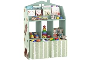Qaba Kids Bookshelf with Toy Storage, Children's Bookcase with Book Display, Shelves and Fabric Drawers, Toy Organizer for Pl