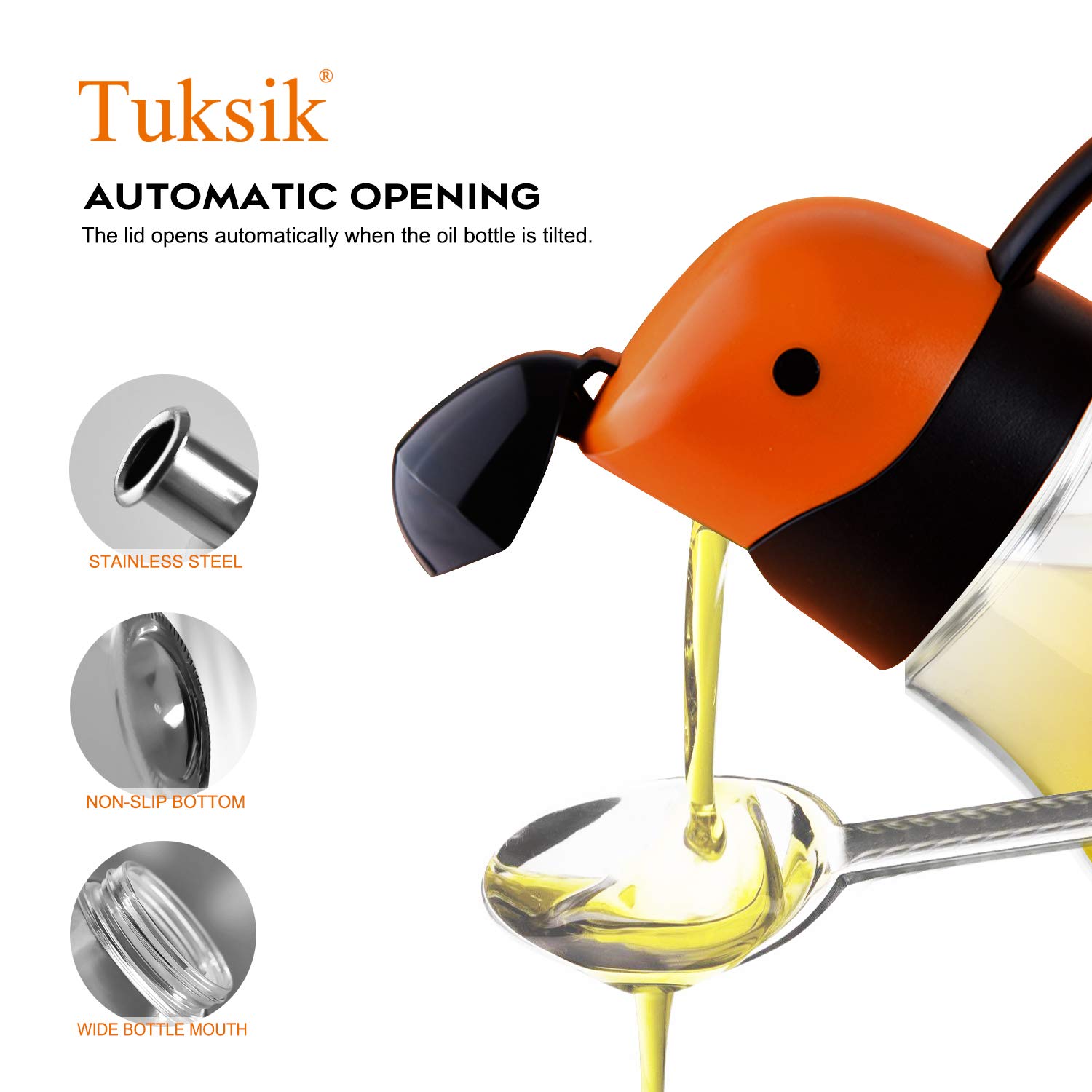 Tuksik Olive Oil Dispenser Bottle with Automatic Cap 20oz Glass Oil and Vinegar Dispenser Bottle for Kitchen,No Drip with Precise-Pour Spout Lovely Parrot Design (Orange-20oz)