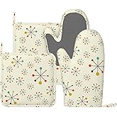 Vintage Mid Century Oven Mitts and Pot Holders Set of 4 Silicone Heat Resistant Oven Mitten Potholders Non Slip Gloves Kitchen Decor for BBQ Cooking Grilling Baking