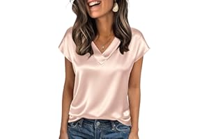 Zeagoo Women Silk Satin Tops Cap Short Sleeve Blouse V Neck Shirts Business Casual Outfits S-2XL