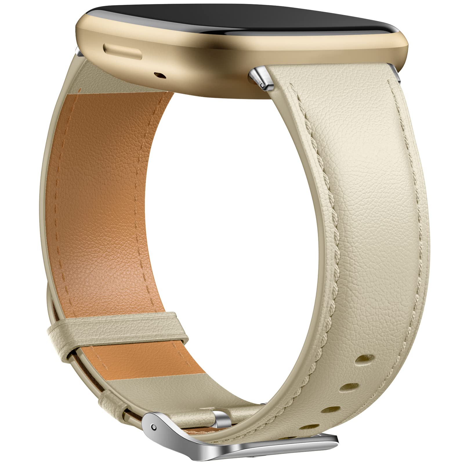 Dirrelo Compatible with Fitbit Versa 3 Strap - Fitbit Versa 4 Straps for Women Men, Genuine Leather Elegant Band Compatible with Fitbit Sense 2/Sense Strap, Beige