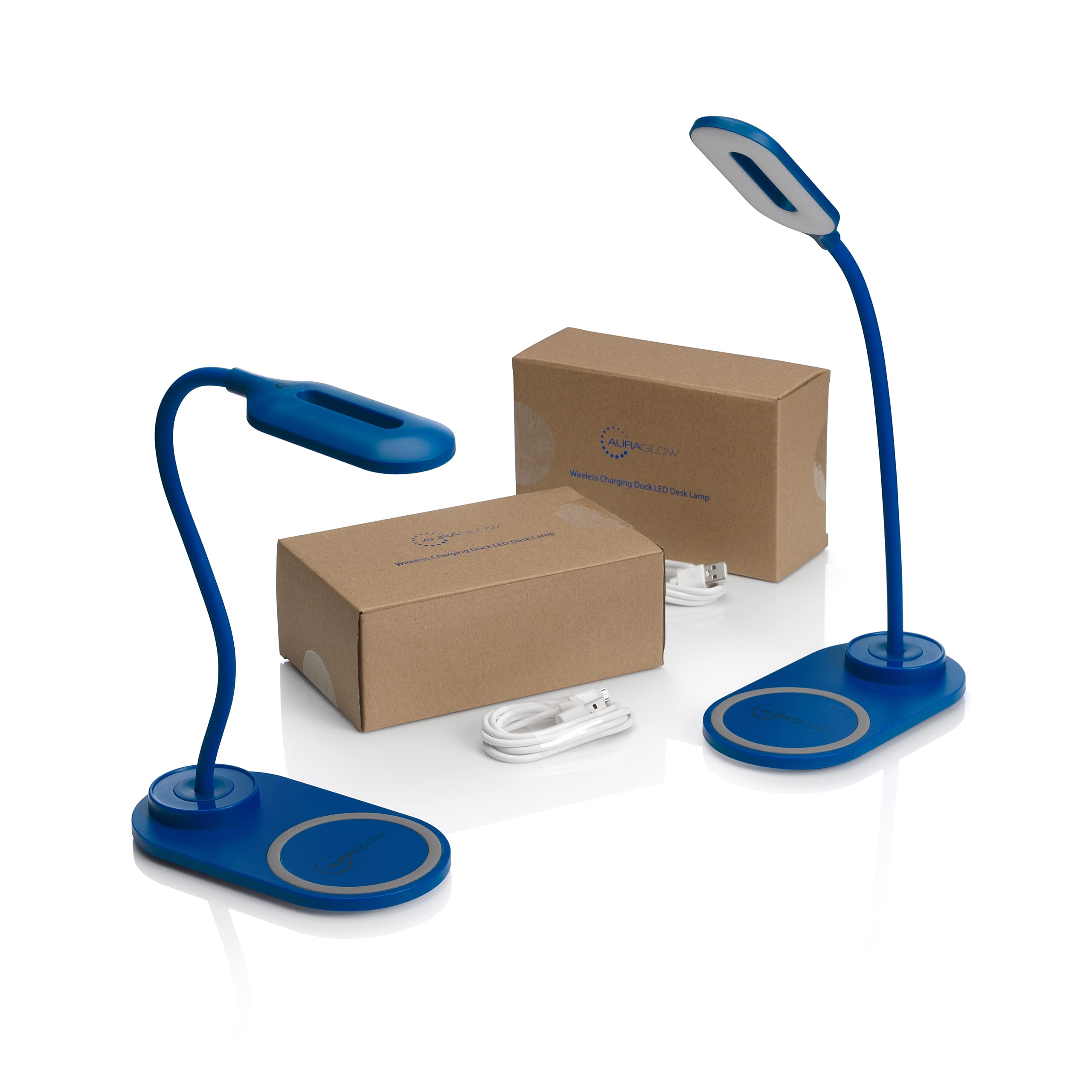 Auraglow LED Flexible Neck Desk Lamp with 3 Colour Modes and 10W Wireless Smart Phone Qi Fast Charger - Blue - 2 Pack