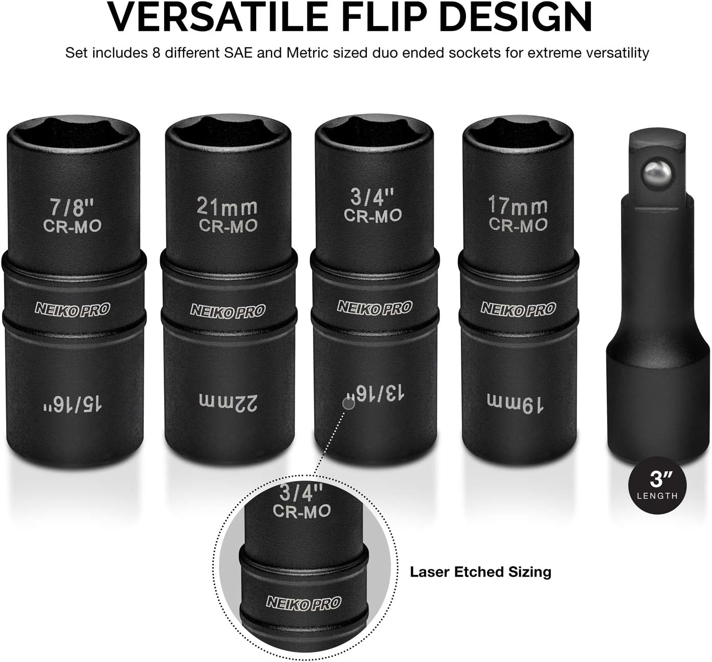 Neiko 02282B 1/2" Drive Impact Flip Socket Set, 5 Piece Thin Wall Set | Standard SAE and Metric Sizes - Includes 3-Inch Extension Bar | Chrome Moly Steel - - 