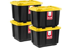 IRIS USA 12 Gallon Heavy Duty Truck Bed Toolbox Storage Tote Bins with Lids, 4 Pack - Made in USA, Tough Snap On Lockable Lid Stackable Industrial Rugged Tubs, Garage Organization Box - Black/Yellow