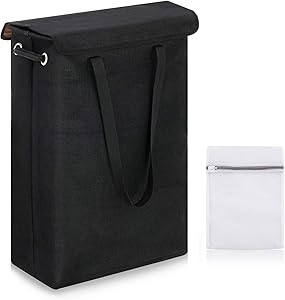 SAWAKE Slim Laundry Basket with Lid, Tall Thin Laundry Hamper with Handles, Waterproof Lining Narrow Dirty Clothes Hamper for Bathroom Bedroom Dorm Nursery Organization Storage (45L, Black)