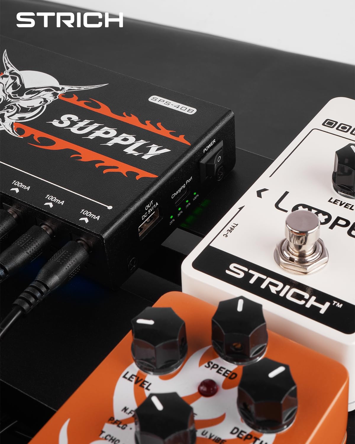 STRICH SPS-40B Wiederaufladbarer Akku Gitarre Effektpedal Netzteil mit eingebautem 10000mAh 10 Ausgängen DC 9V (2x300mA, 8x100mA) Buchsen für Gitarre Bass Pedale, 5V/1A USB Port für Telefon 8