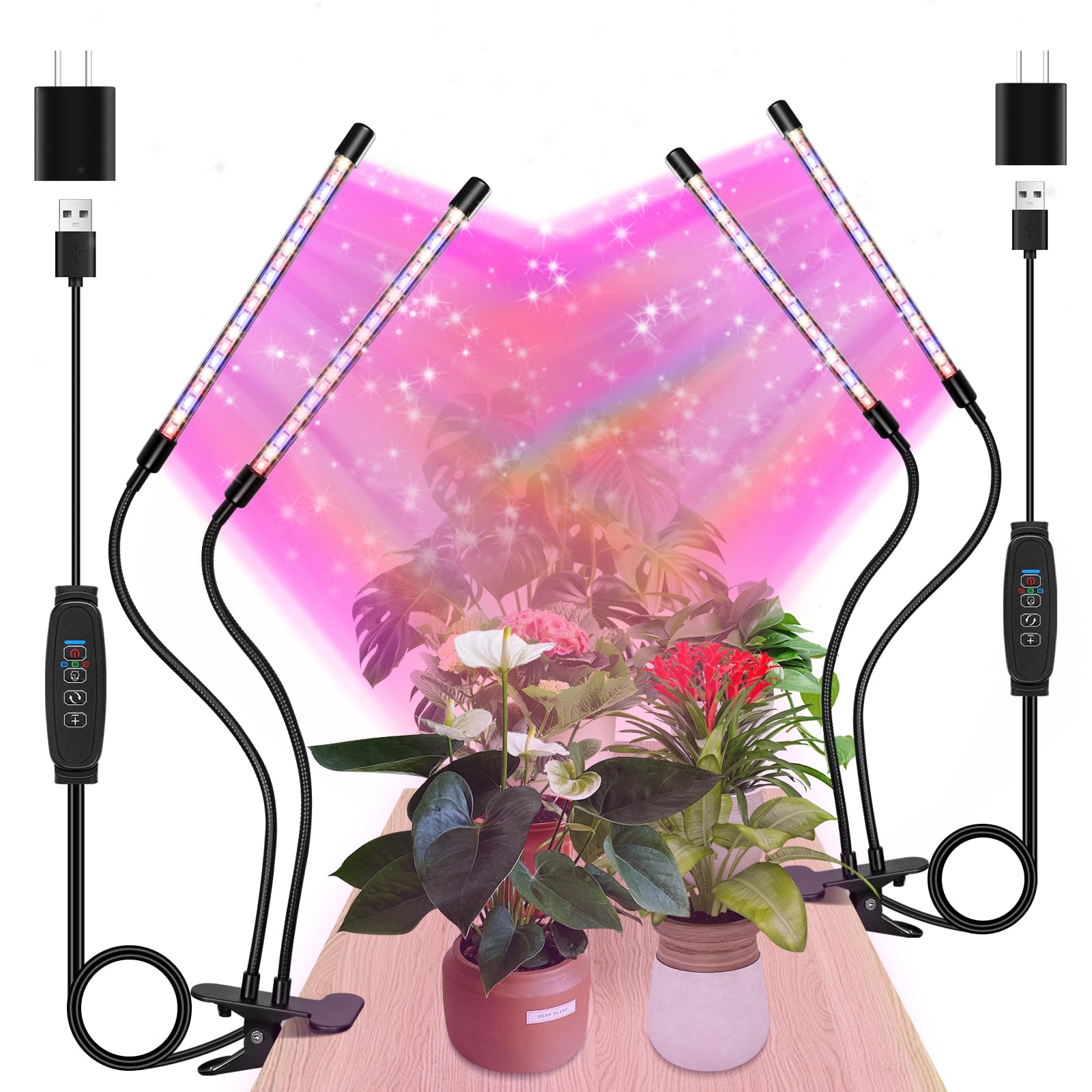 Photo 1 of zyzykeji LED Grow Lights (2 Packs), 2 Heads Red Blue White Full Spectrum Plant Light with Clamp for Indoor Plants & Seed Starting, 10-Level Dimmable, Auto On Off, Timing 4 6 12Hrs
