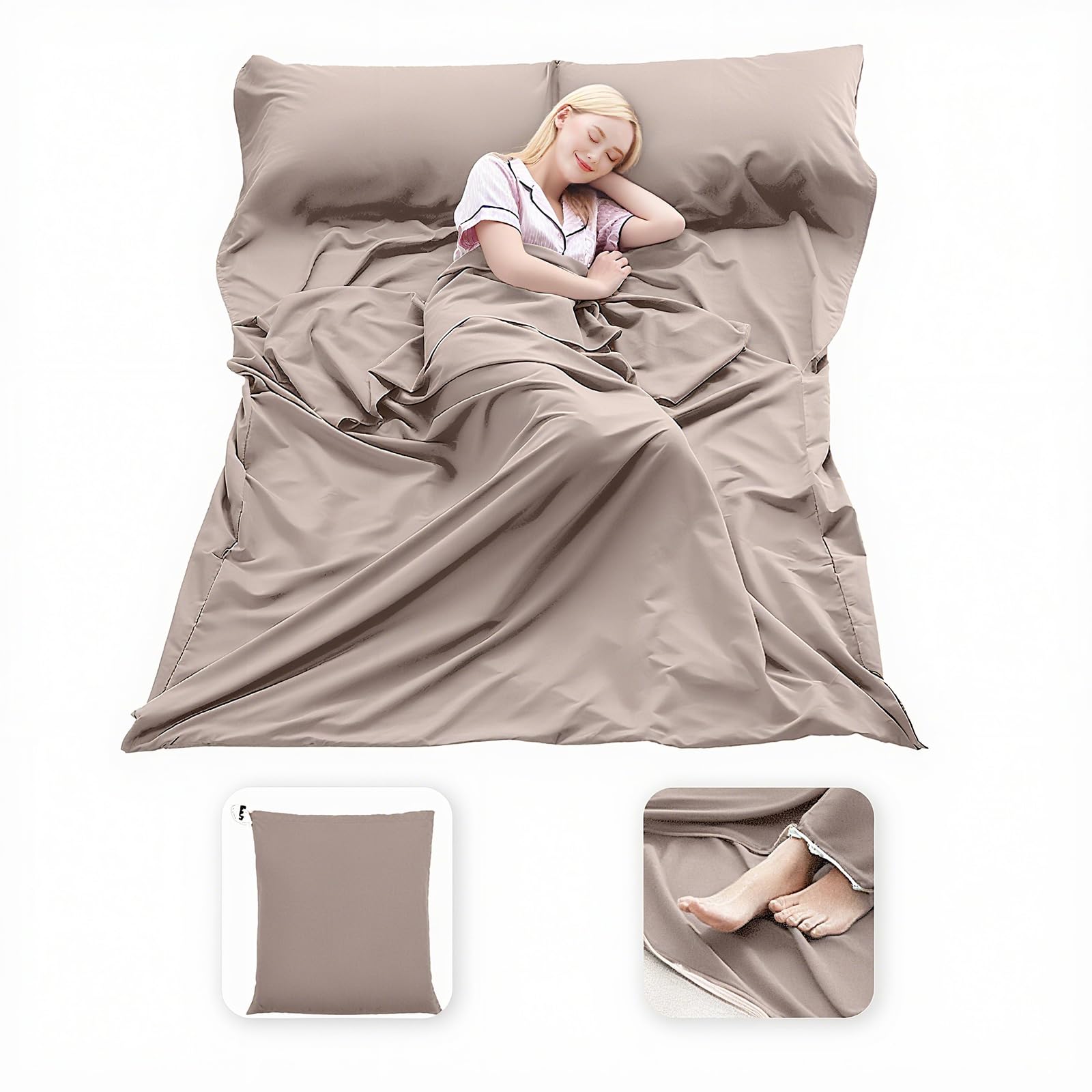 Photo 1 of MongByYa Sleeping Bag Liner Lightweight Compact Sleeping Bag Sack Portable Clean Travel Sheet Camping Sleep Sheet for Backpacking Hotel Hiking (Light Khaki, 82.7'' X 45.3'')