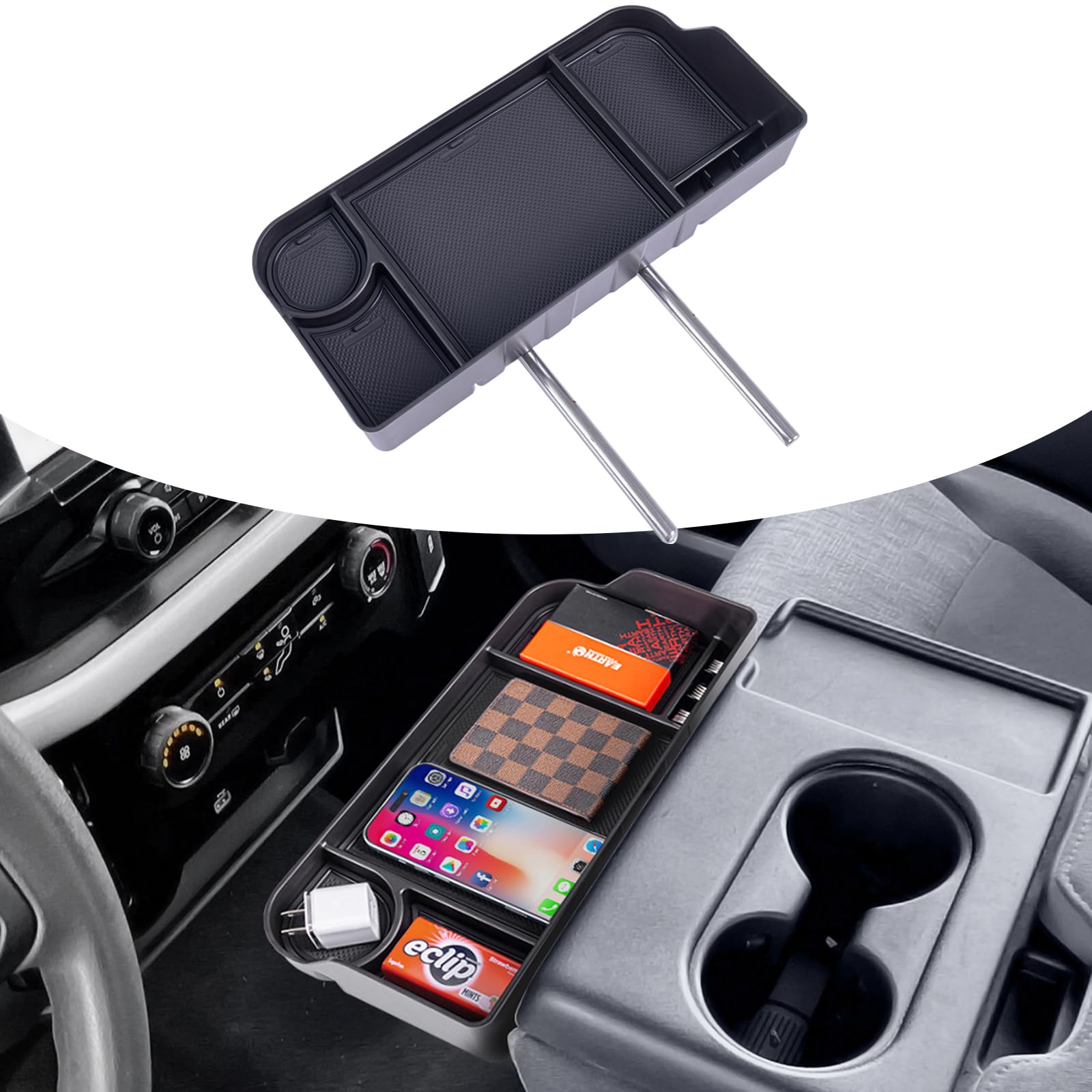 Photo 1 of Upgrade Front Center Seat Headrest Organizer for 2011-2025 Ford F150 F250 F350 F450 F550 F650 Coin Container Storage Box with Non-Slip Silicone Pad Super Duty Accessories (Only for Jump Seat Console)