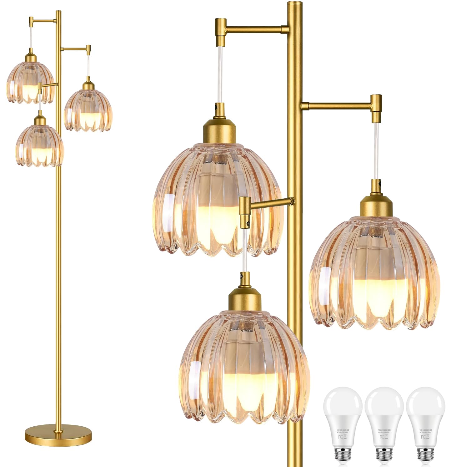 Photo 1 of ZECOXOL Gold Floor Lamps for Living Room Bedroom-3 Light Glass Floor Lamp with Three Led Bulb, Rustic Tall Floor Lamp Gold Standing Lamp Tree Floor Lamps for Living Room Bedroom,Office,Corner