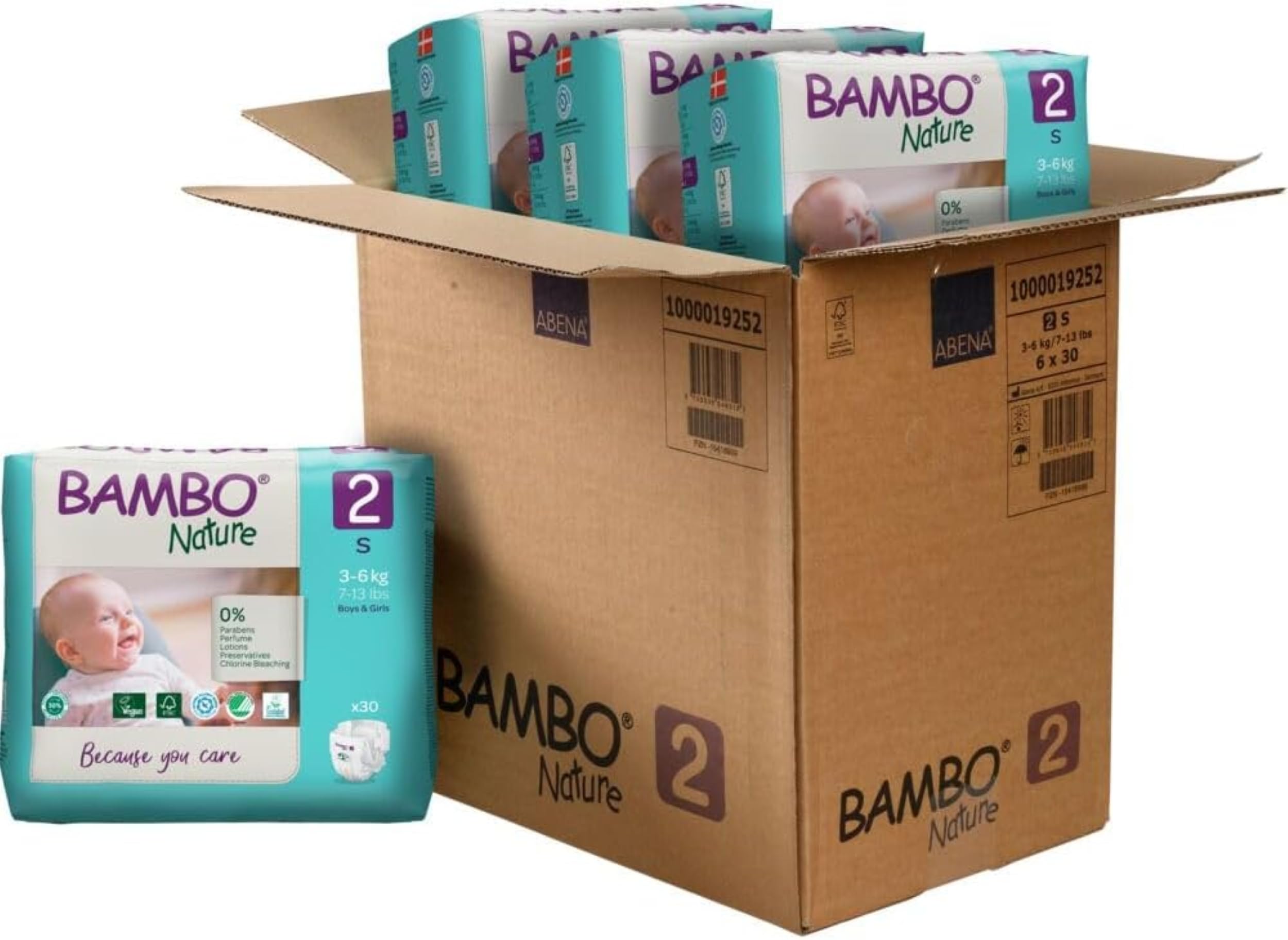 Bambo Nature Premium Eco Nappies, Eco-Labelled Sustainable Nappies, Enhanced Leakage Protection, Secure & Comfortable Baby Nappies, - Size 2 Nappies (7-13lb/3-6kg), Mini, 30 Count ( Pack of 6)