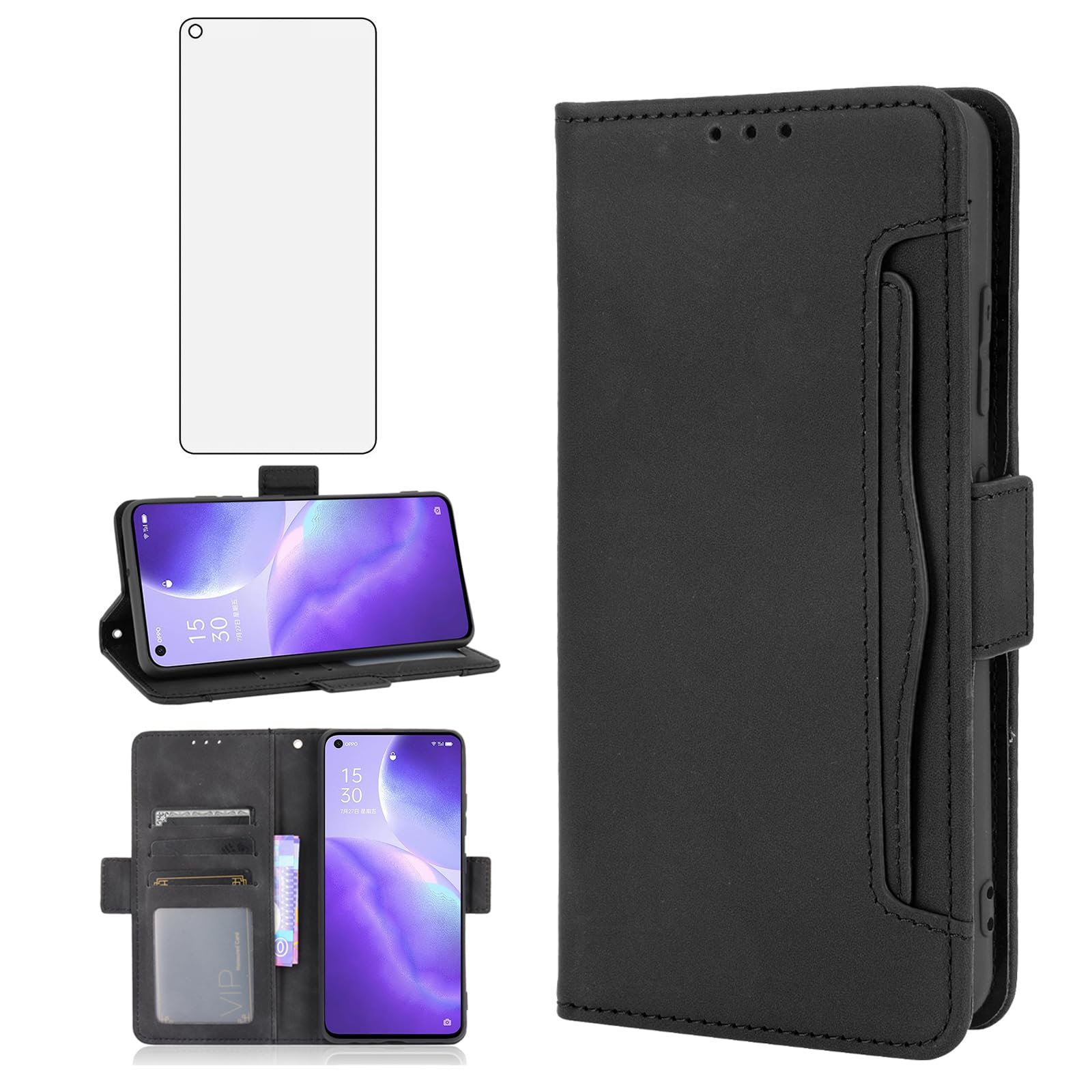 Asuwish Compatible with OPPO Find X3 Lite/Reno 5 5G/5K Wallet Case and Tempered Glass Screen Protector Card Holder Stand Leather Flip Cell Accessories Phone Cover for Reno5 K Women Men Black