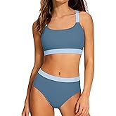 AGAPENG Girls Swimsuit Color Block Bikini Sets Tropical Print Bathing Suit Two Piece Adjustable Straps Sporty Swimwear 9-16Y