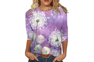 NDVYXX 3/4 Length Sleeve Womens Tops Summer Floral Print Loose Tops Crew Neck Stretch Going Out Shirts Baggy Blouses