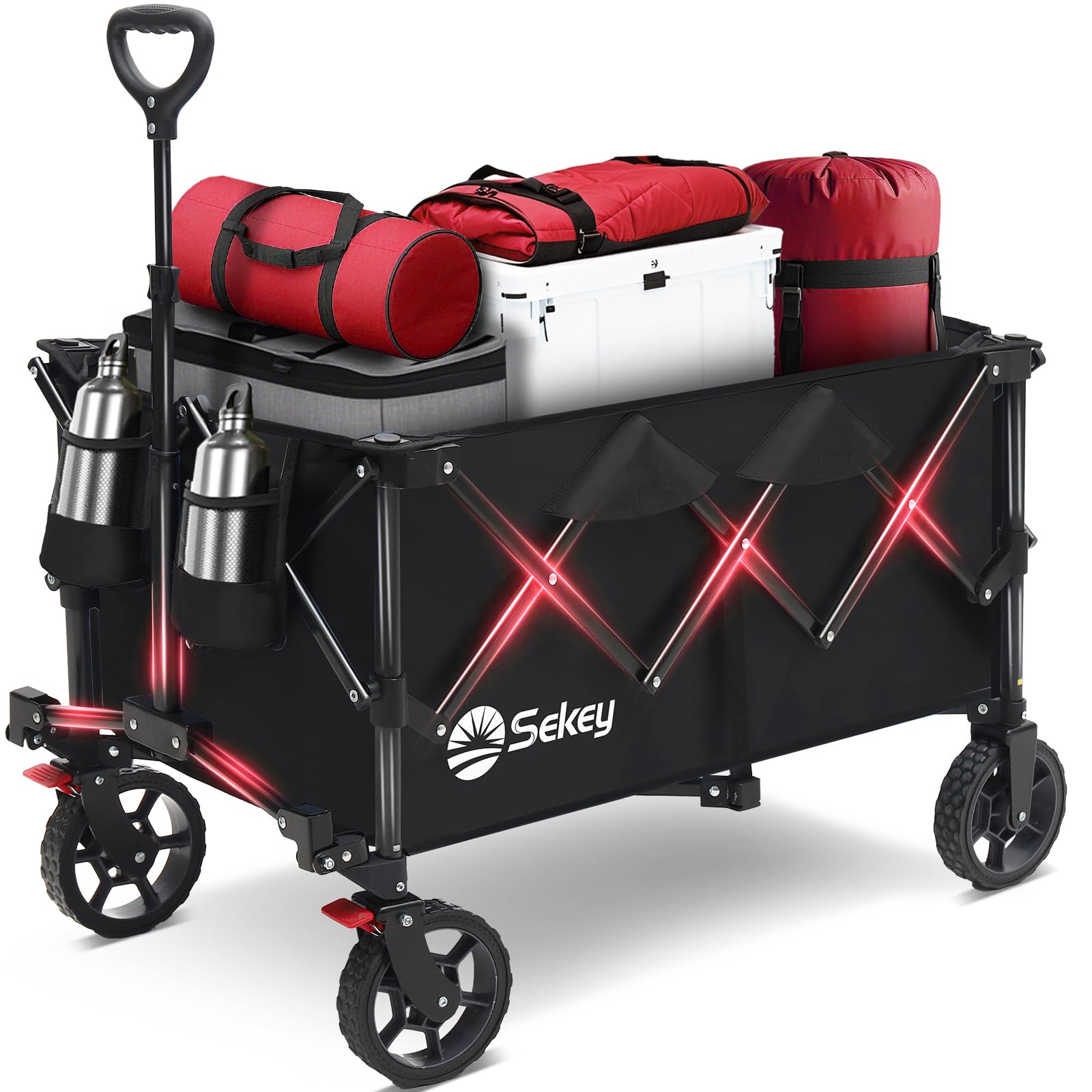 Sekey Collapsible Foldable Wagon with 330lbs Weight Capacity, Heavy Duty Folding Wagon Cart with Big All-Terrain Wheels & Drink Holders. Black Image