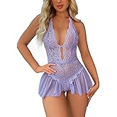Crexomi Lingerie for Women One Piece Teddy Lingerie Sexy Deep V Bodysuit Lace Nightie