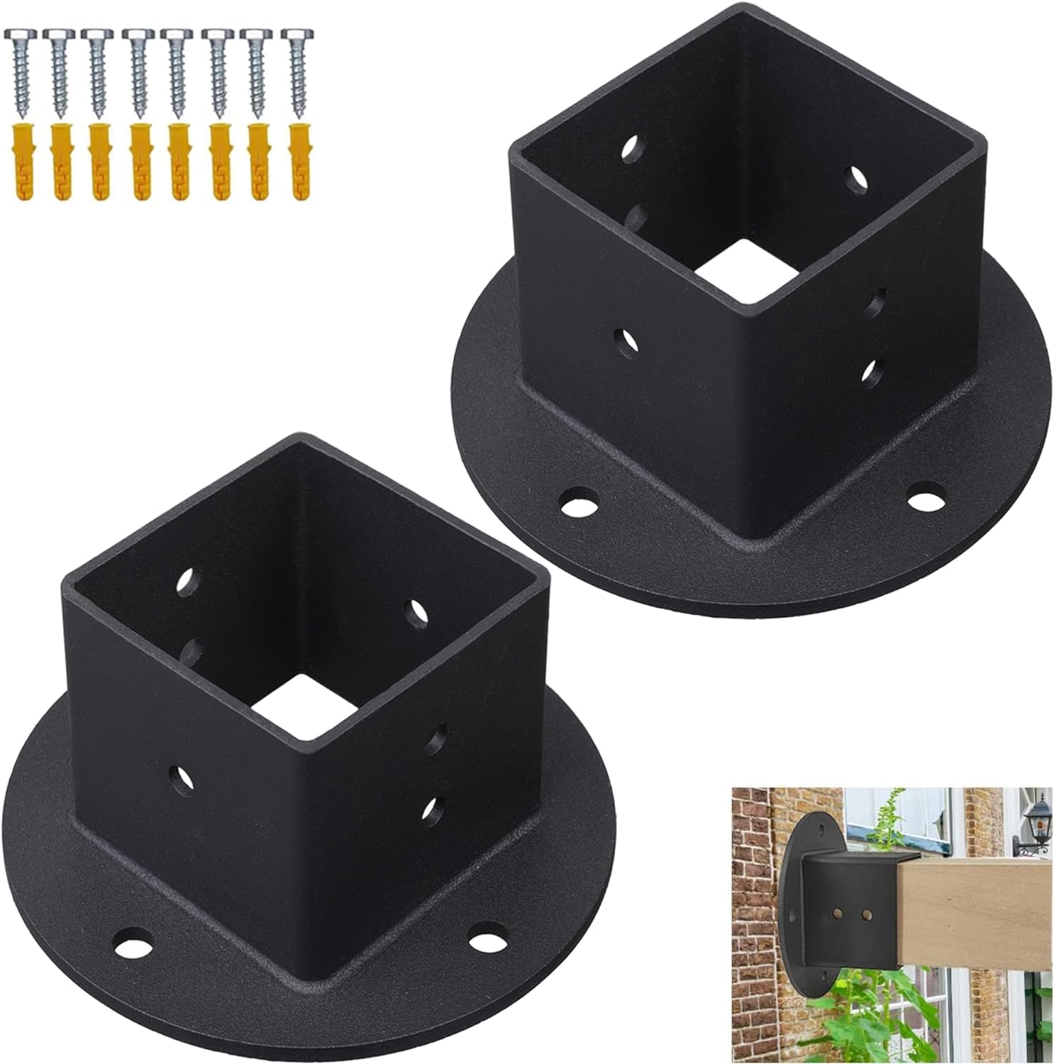 VANROUG 2Pcs 2x2 Square Fence Pole Flange Base Pergola Post Brackets Kit, Heavy Duty Black Wall Mount Post Anchor Brackets for Deck Railing Mailbox