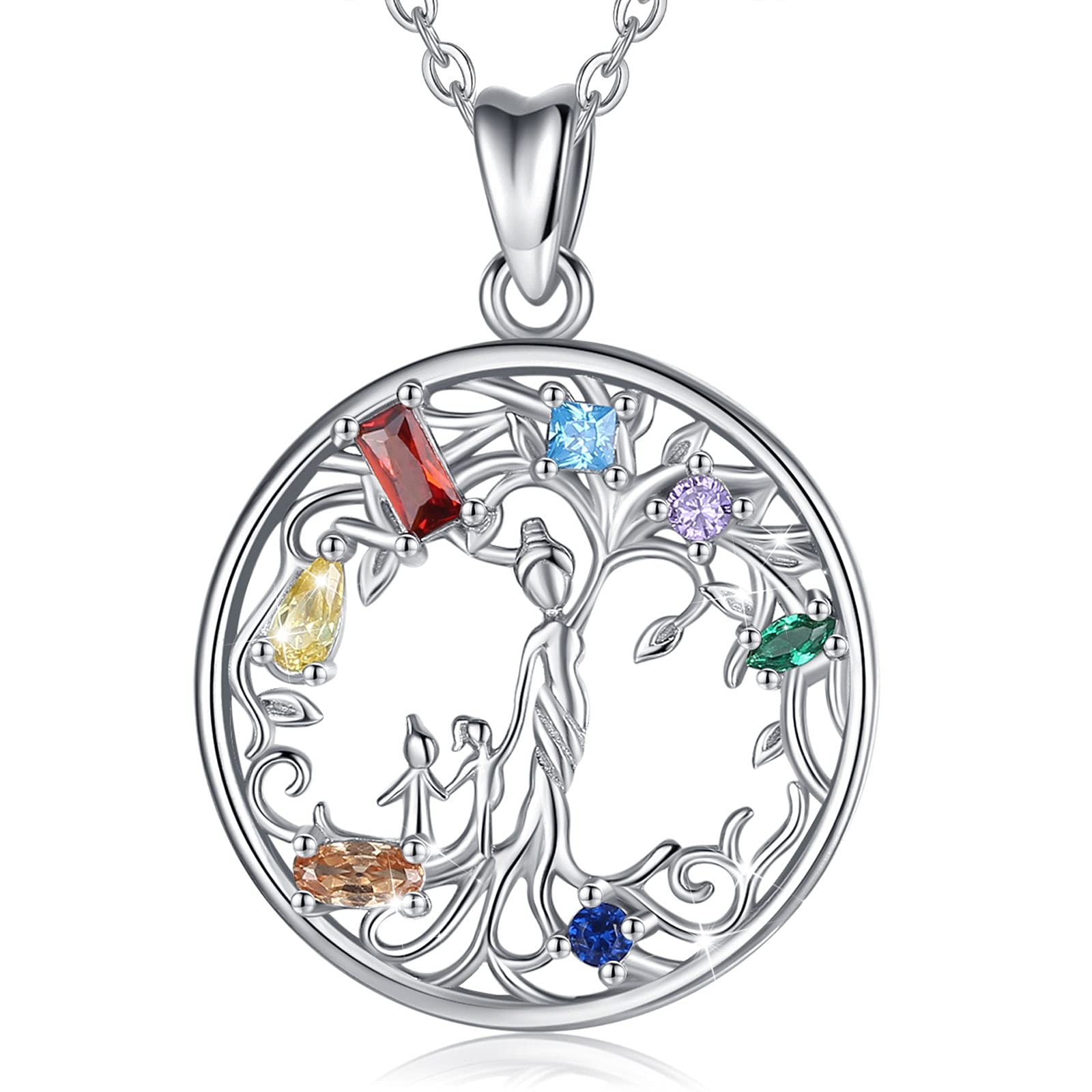 EUDORA Harmony Ball S925 Sterling Silver Tree of Life Necklace for Women, Mother Daughter Tree Pendant with Two Children for Mom Colorful CZ Necklace for Mother Daughter Jewelry Wife, 45CM