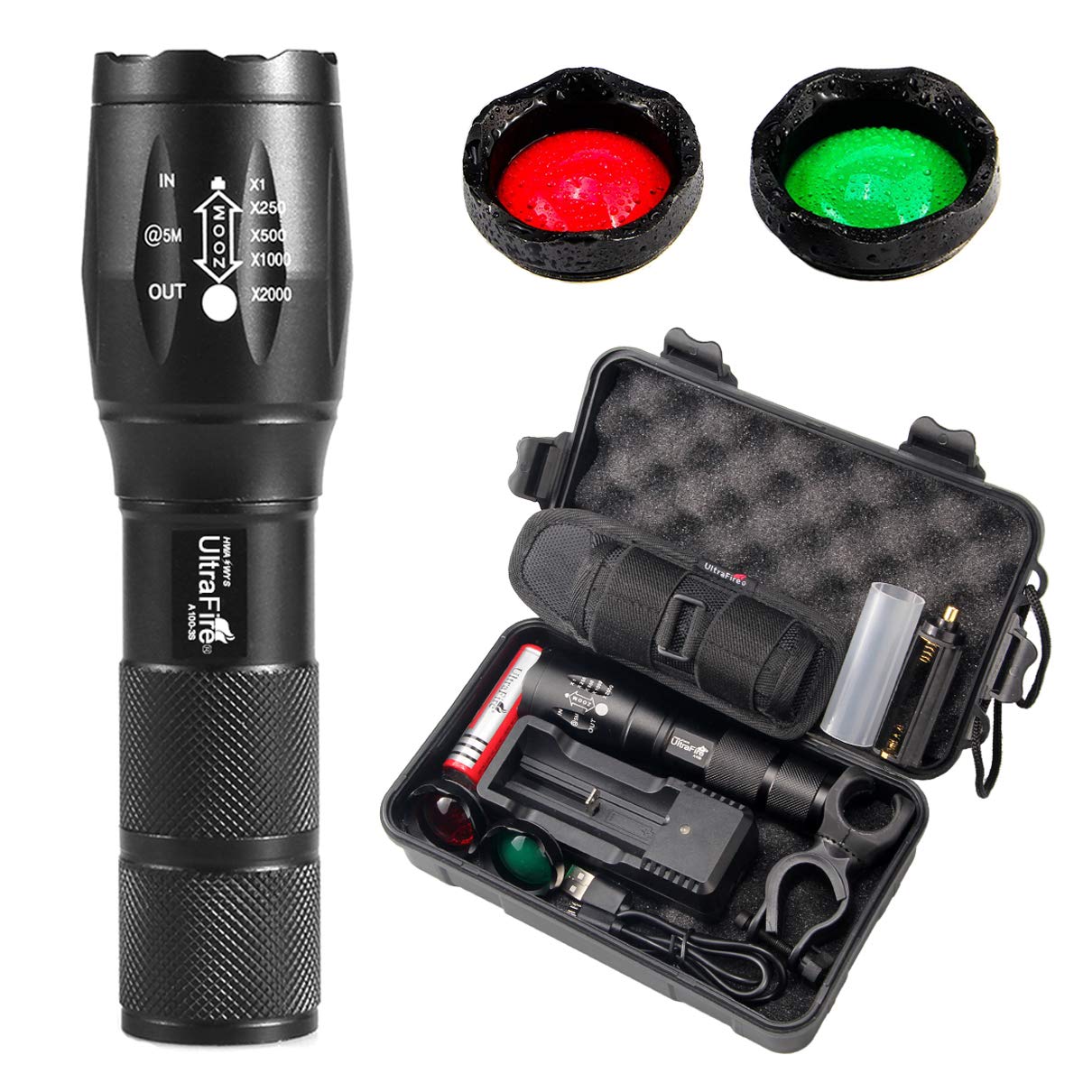 ULTRAFIRE LED Tactical Torch with Red Light Green Light, 900 Lumens Zoomable 5 Modes with Flashlight Holster, Rechargeable Battery and Charger, Bicycle Mount, 3-Color Interchangeable Filter