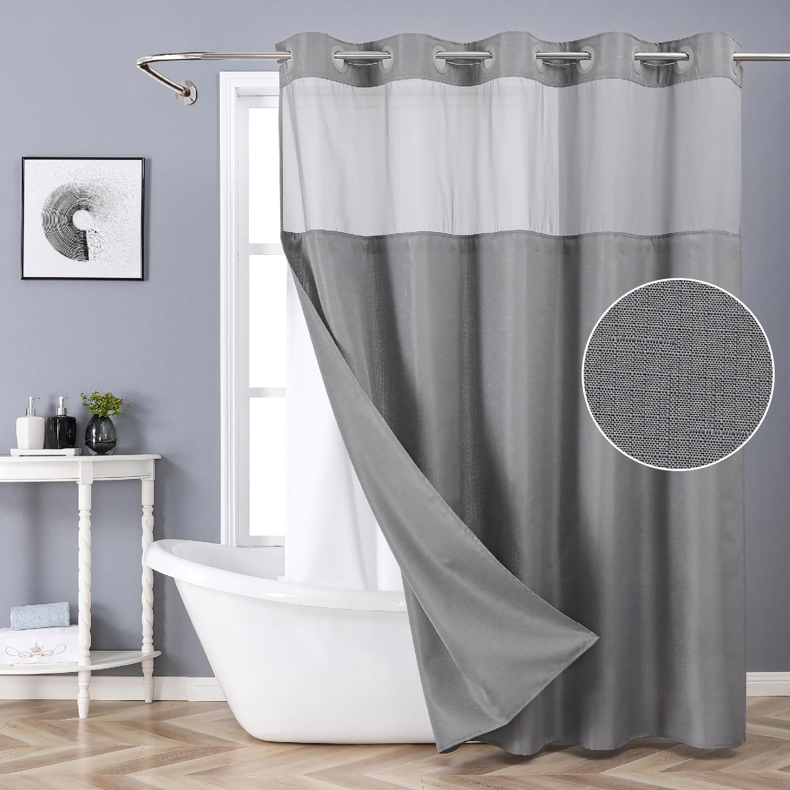 Photo 1 of eachope Extra Long No Hook Shower Curtain with Snap-in Fabric Liner Set,Slub Textured Fabric Shower Curtains for Bathroom,Hotel Style Modern Shower Curtain,Water Repellent & Washable,71x86(84),Grey