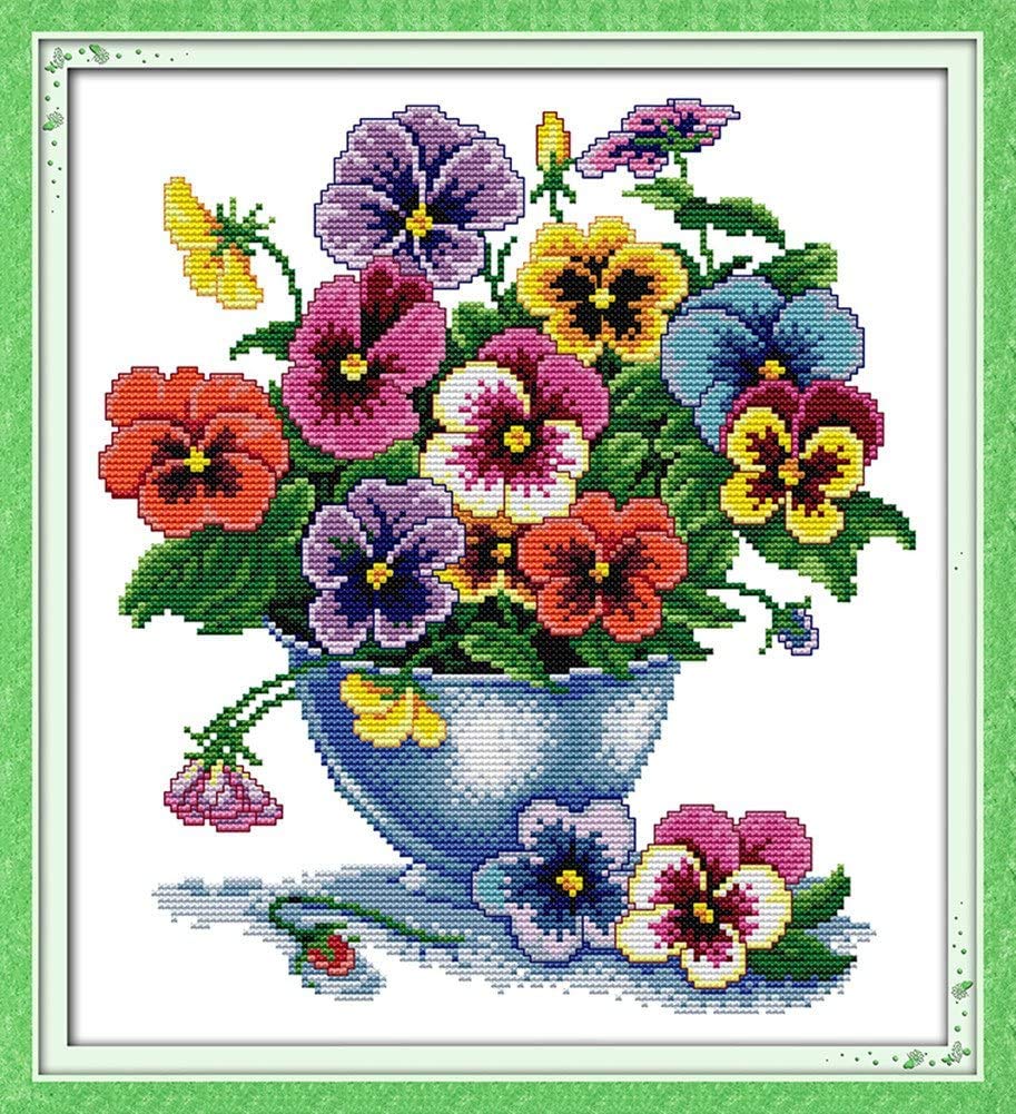 CRAFTiDA Cross Stitch Kits for Adults Beginners Embroidery Kit Pre-Printed Stamped Cross Stitch Kit Flowers 11CT (Six Color Flower)