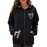 Women's Zip Up Hoodie Oversized Sweatshirt Long Sleeve Cute Tops Love Heart Graphic Fleece Lined Jacket Loose Fit