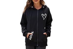 Women's Zip Up Hoodie Oversized Sweatshirt Long Sleeve Cute Tops Love Heart Graphic Fleece Lined Jacket Loose Fit